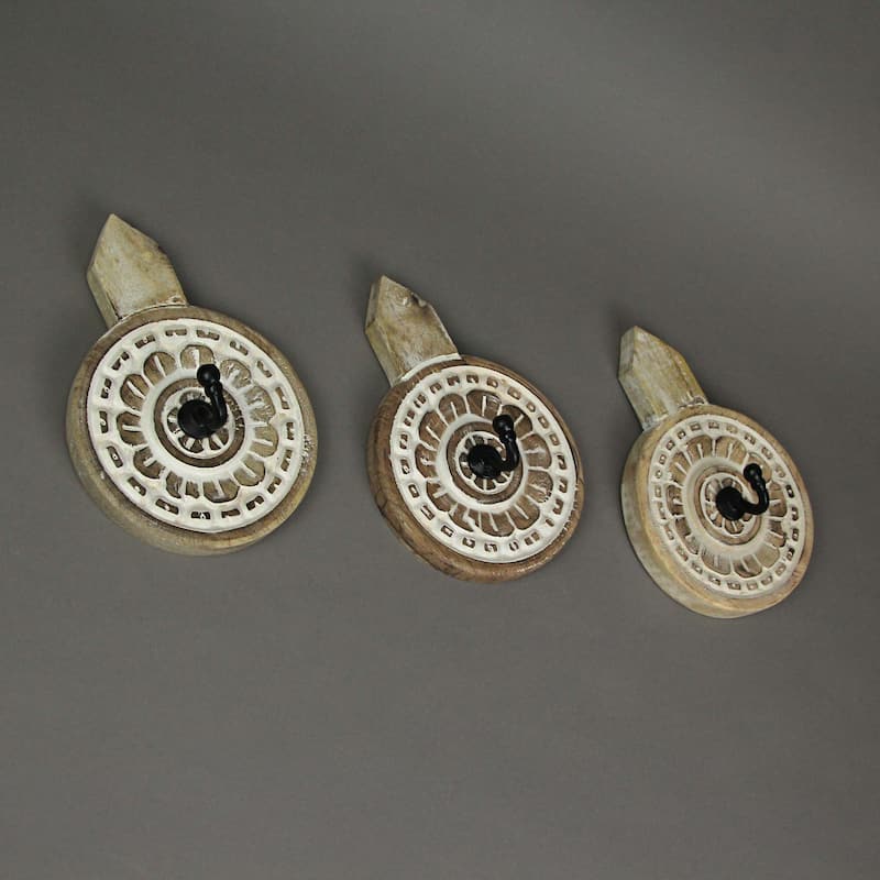 Hand Carved Wooden Wall Hooks Floral Coat Towel Hanging Art (Set Of 3)