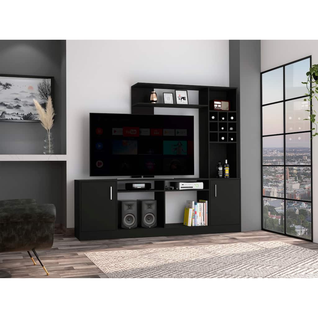 FM Furniture Vibrant Entertainment Center For TVs Up to 37" with 7 Open Shelves, 2 Cabinets, 4 Inner Shelves, and 9 Wine Cubbies