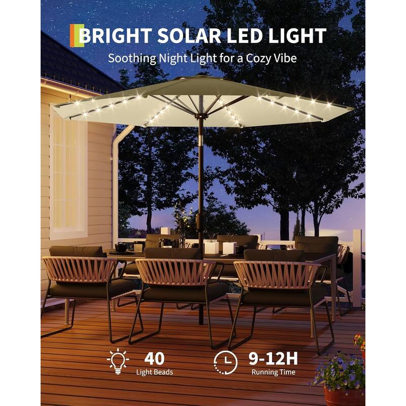 10 Ft Patio Umbrella with Solar Lights, Outdoor Table Umbrella with 40 LED Lights & Tilt Crank - Beige