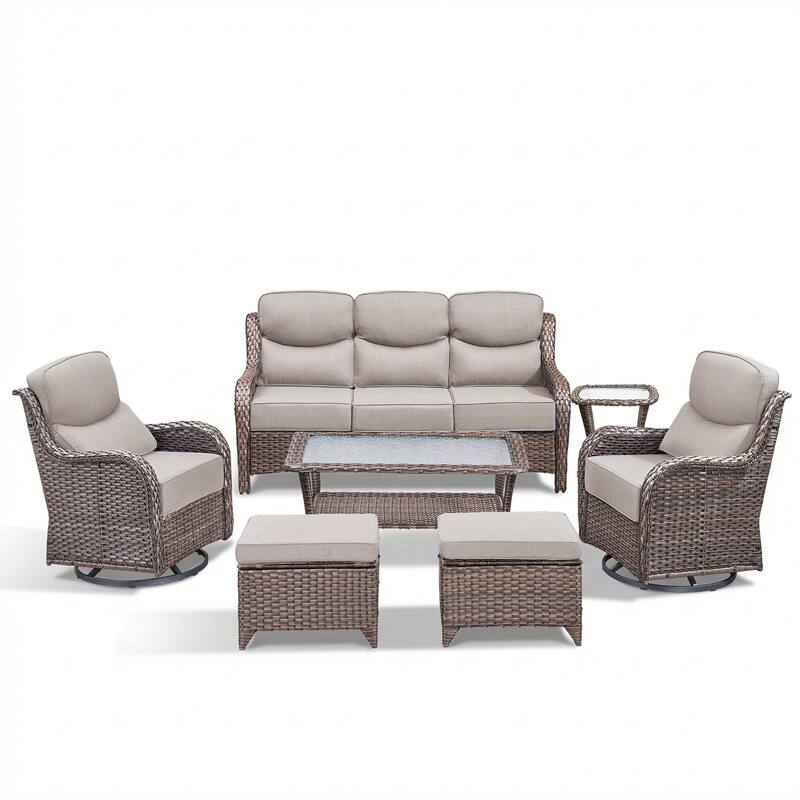 Meyreso 7-Piece Wicker Patio Conversation Set with Swivel Gliders and 6-Inch Thick Cushions