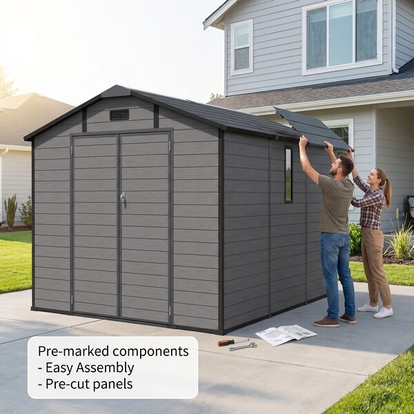 8x14 FT Resin Outdoor Storage Shed with Lockable Door, 2 Windows