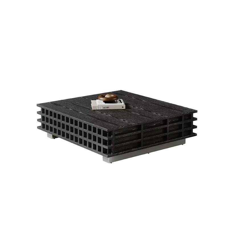 31.5’ Black Multi-Layer Solid Wood Square Coffee Table with 2 Grid Finish Drawers - 7'6" x 10'9"