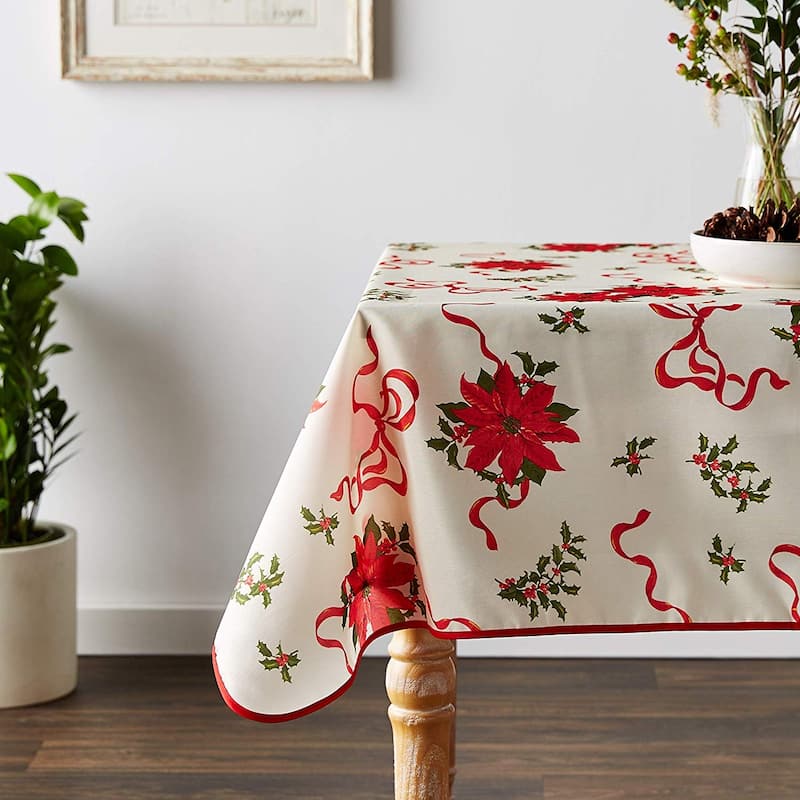 Violet Linen European Christmas Poinsettia Bows and Ribbons Tablecloth - 52" X 70" - Beige