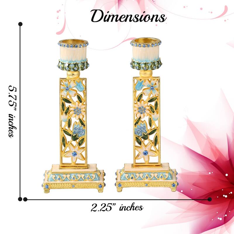 Matashi Shabbat Candlestick (2-Piece Set) Hand-Painted, Gold-Plated Pewter Adorned w/ Blue Flowers |Religious Enjoyment