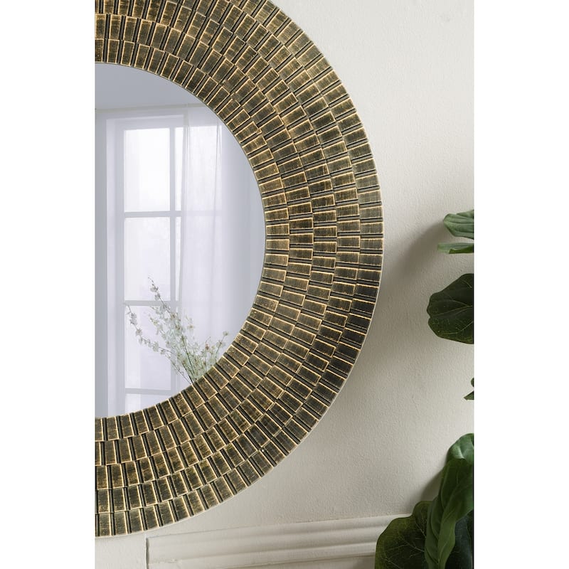 D29.5" Round Gold And Black Wooden Accent Mirror With Woven Texture - Gold+Black