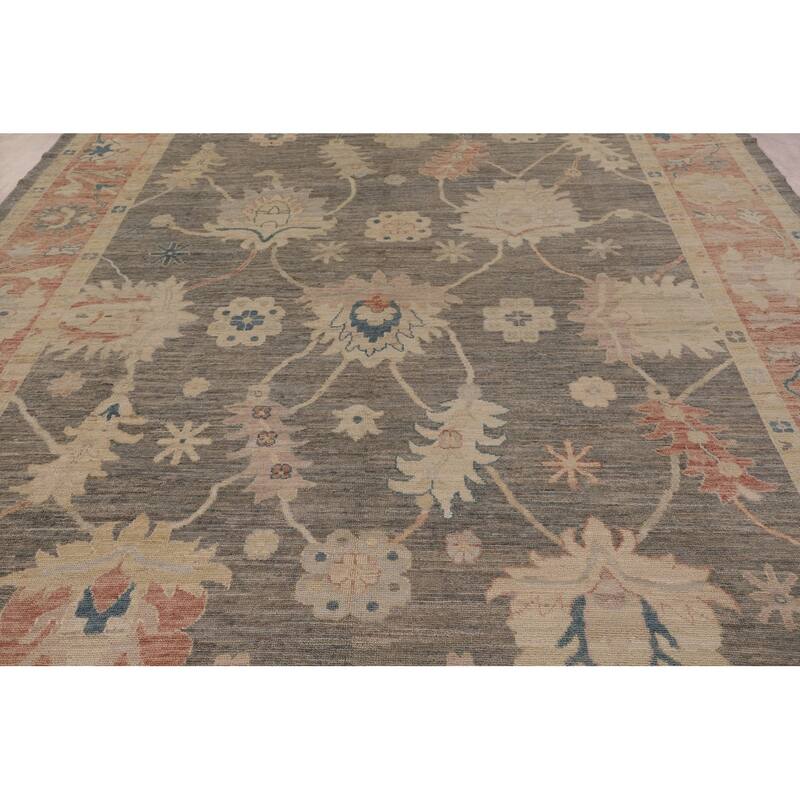 Vegetable Dye Oushak Turkish Area Rug Hand-Knotted Grey Wool Carpet - 9'2" x 11'0"