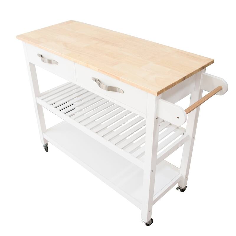 Simple Design Kitchen Cart with Two Lockable Wheels, Rubber Wood Top