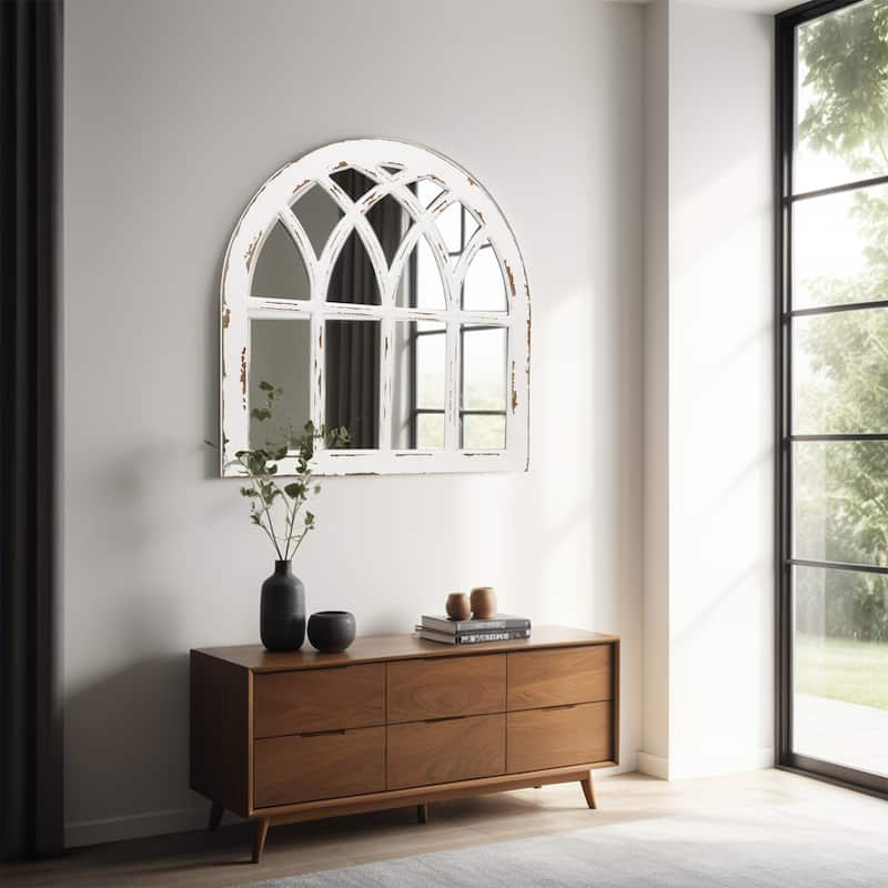 Distressed White Cathedral Wood Wall Mirror