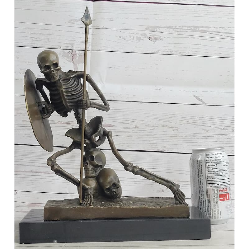 Skeleton Warrior W/ Shield And Spear Bronze Statue Sculpture Marble Base 12 Inches X 10 Inches