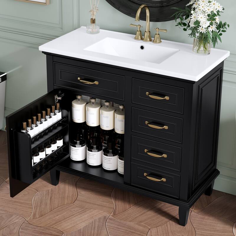 36 Inch Bathroom Vanity with Ceramic Sink Top, Solid Wood Frame, MDF & Poplar Cabinet, Flip Drawers, Adjustable Shelf