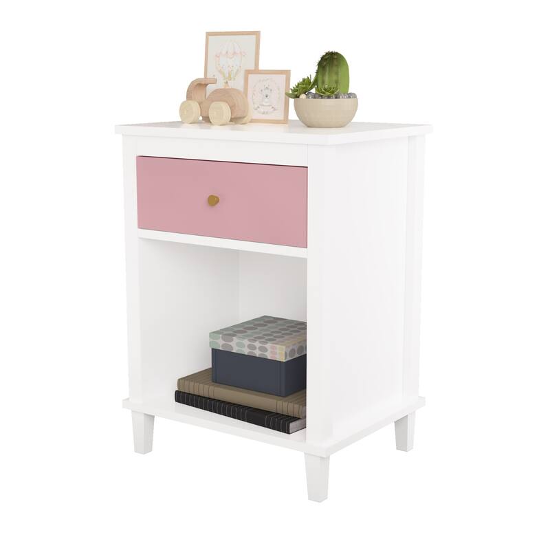 Wooden 2-Tier Kids Nightstand Small Side Table with Drawer and Open Shelf for Bedroom