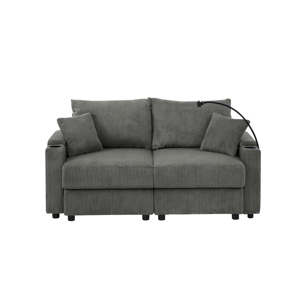 Corduroy Deep Seat Loveseat Sofa, Upholstered Couch Settee with Storage, 2 Seater Sofa with Cup Holders and Phone Holder