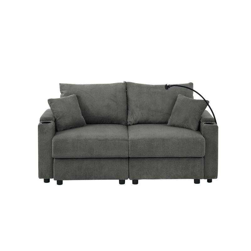 Wide Armrests Sofa Couch with Wood Frame, Simple Loveseat Sofa Couch with with Cup Holders & Phone Holder