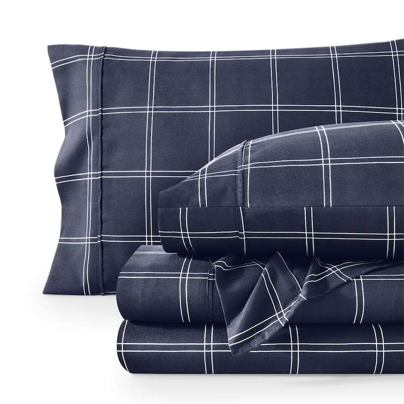 Bare Home Double Brushed Deep Pocket Printed Sheet Set - Queen - Modern Plaid - Midnight/White