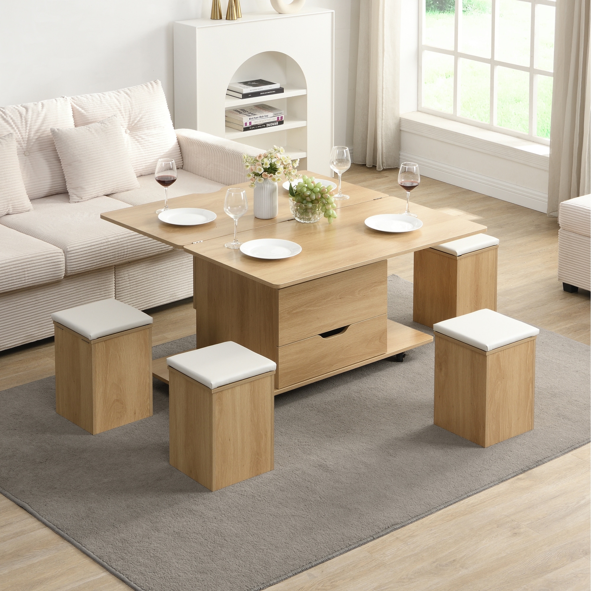 Roomfitters Multi-Functional Lift-Top Coffee Table with Hidden Storage, Modern Center Table with 4 Stool & Caster, Natural/White