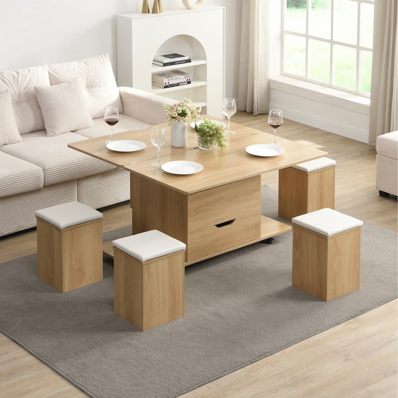 Roomfitters Multi-Functional Lift-Top Coffee Table with Hidden Storage, Modern Center Table with 4 Stool & Caster, Natural/White - Natural+White