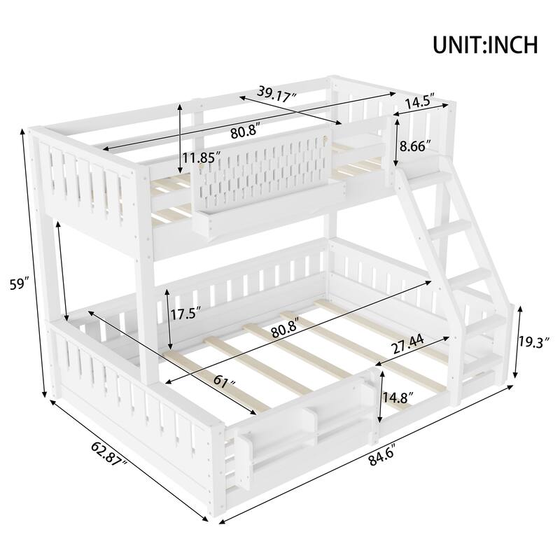 Twin XL over Queen Bunk Bed with Ladder, Guardrails, Pegboard Storage and Built-in Bookshelf, Solid Wood Frame