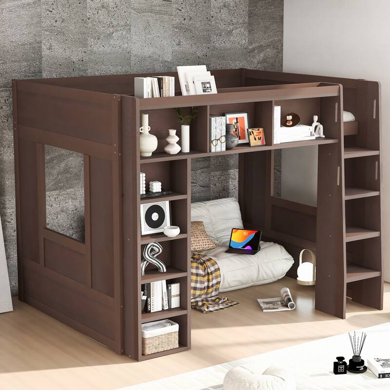 GDFStudio - StoreMax Modern Wooden Queen Loft Bed with Storage Cabinets and Shelves - Queen - Brown