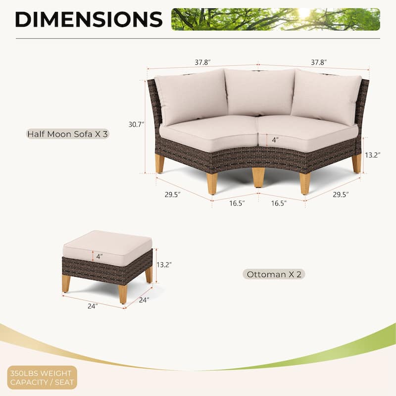 11-Piece Outdoor Wicker Half-Round Furniture Set, Half-Moon Sectional Sofa Set All Weather Rattan Curved Conversation Sets