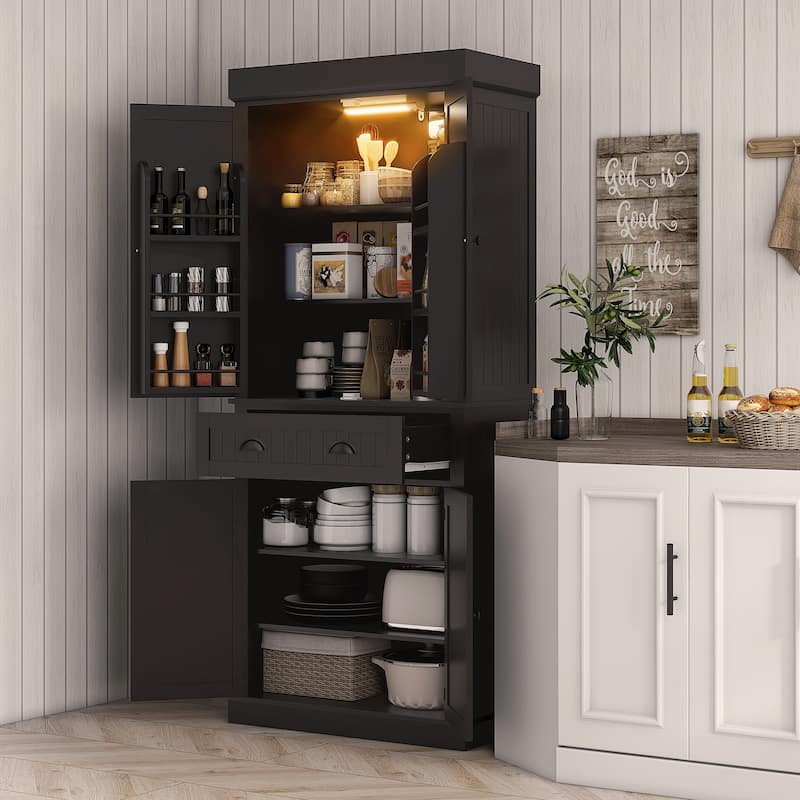 Tall Kitchen Pantry Cabinet with Adjustable LED Light and Drawer Shelves for Organized Storage - 30.1" W x 15.7" D x 71.3" H