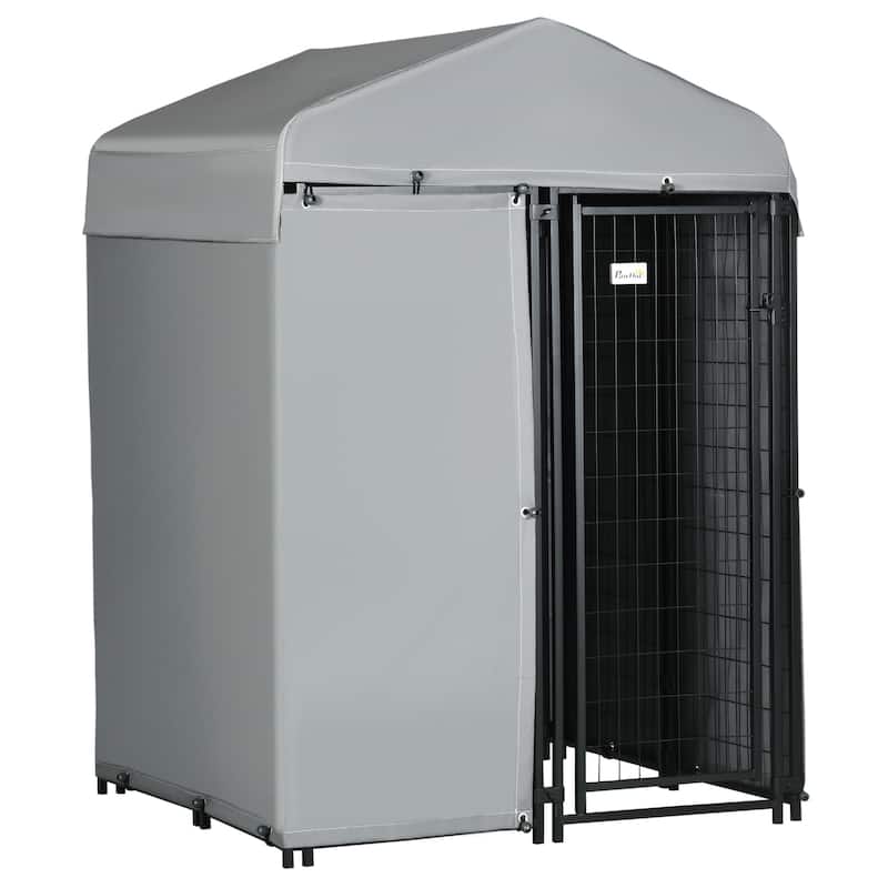 PawHut 4' x 4' x 6' Outdoor Dog Kennel with Waterproof Canopy, Removable Windproof Walls, Dog Run - Grey - Steel