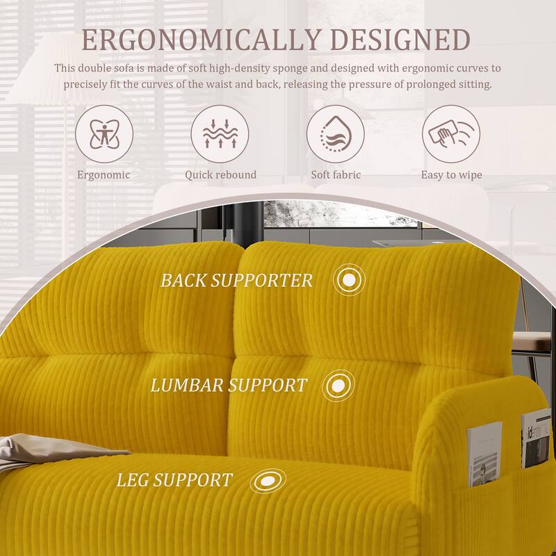 Corduroy Foam Upholstered Loveseat Couch Ergonomic Lounge Sofa with Side Pockets and Solid Wood Frame Soft 2 Seater Sofa
