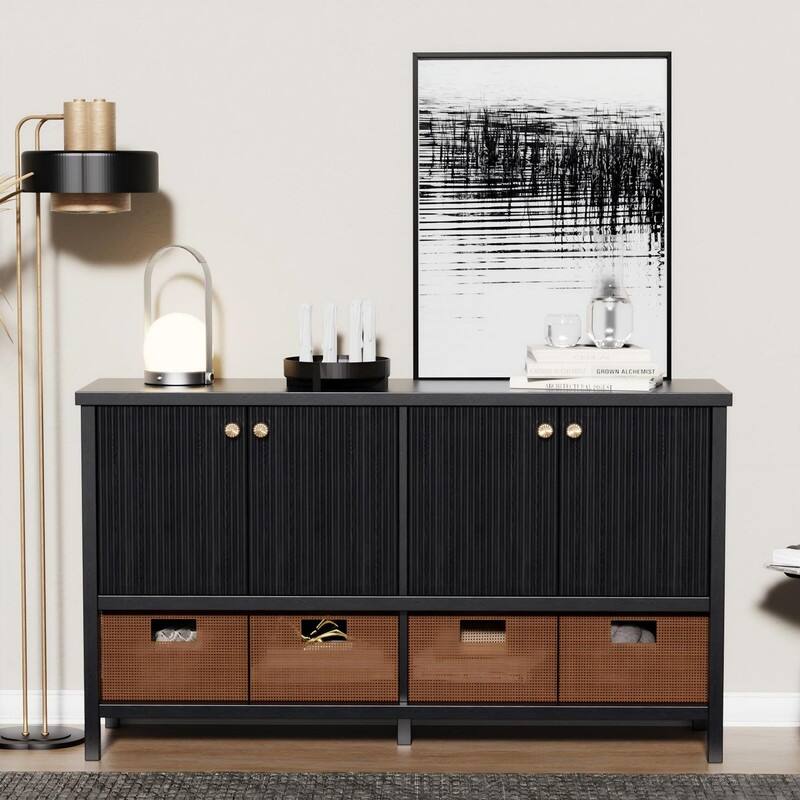 Farmhouse 59" Fluted Console Table with Storage, Entryway Table Hallway Cabinet for Living Room - Black