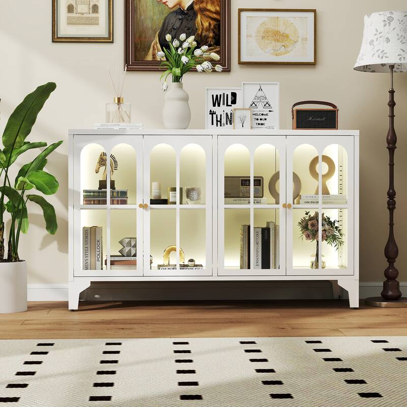 53.2"W Metal Sideboard Buffet Cabinet with Glass Doors - Type B - White