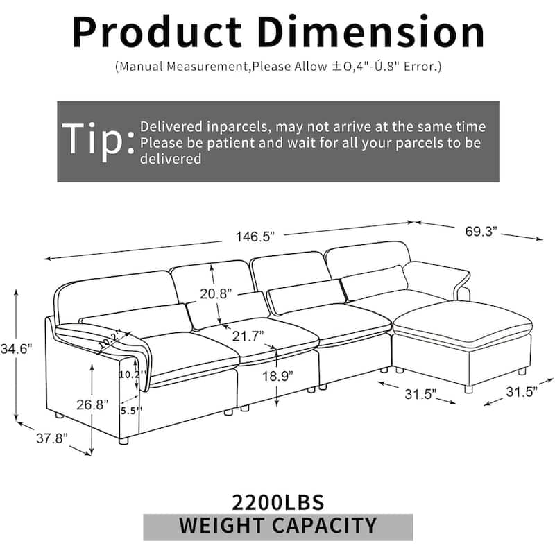 GDFStudio - Cloud Modular Chenille Sectional Sofa with Down-Filled Couch and Washable Covers & Storage