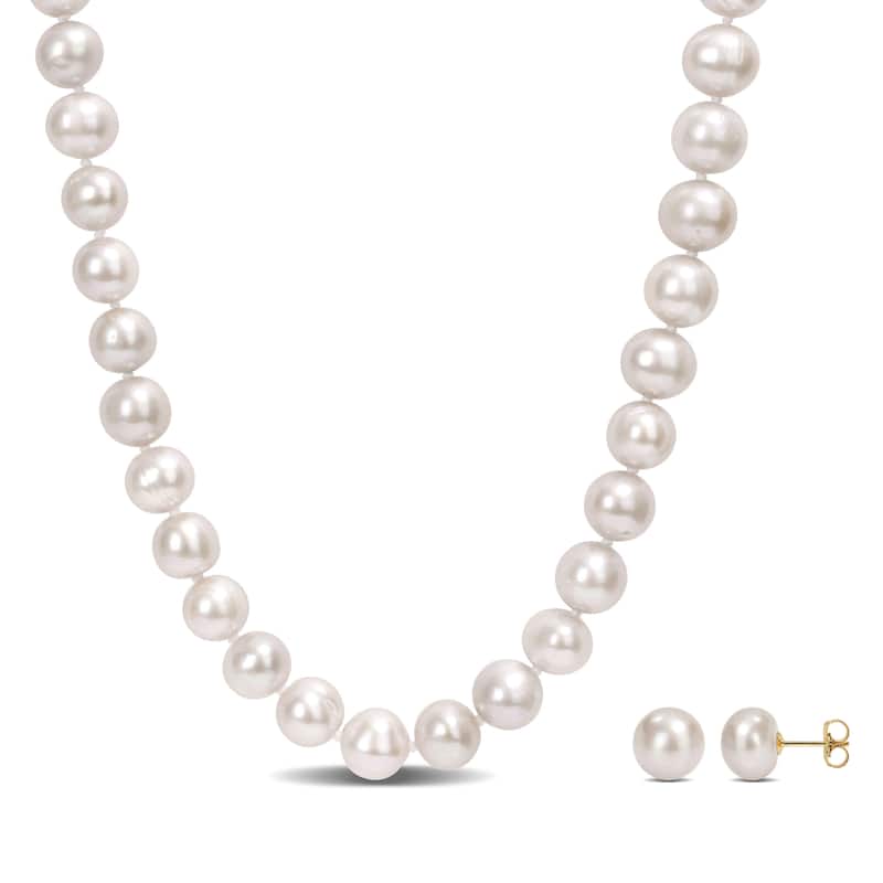 Miadora 9-10mm Cultured Freshwater Pearl 2-PC Strand Necklace Stud Earrings Set 14k Yellow Gold