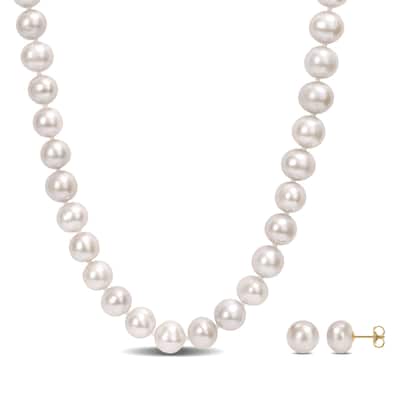 Miadora 9-10mm Cultured Freshwater Pearl 2-PC Strand Necklace Stud Earrings Set 14k Yellow Gold