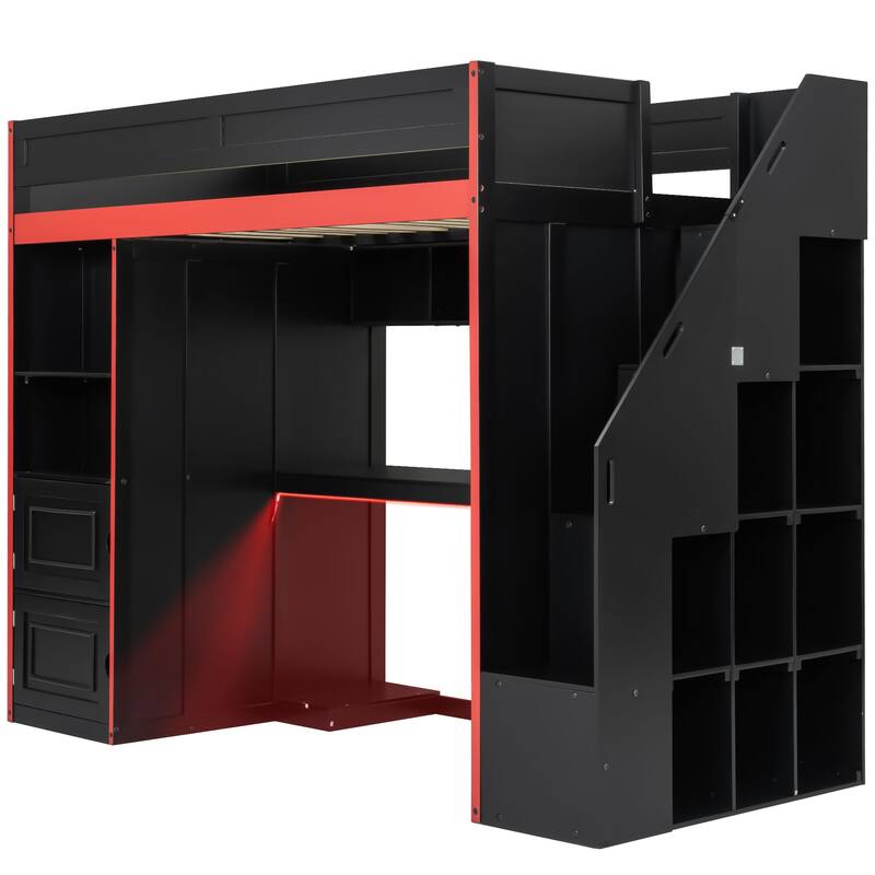 Gaming Loft Bed with Desk, Storage, and LED Lighting by Harper&Bright Designs
