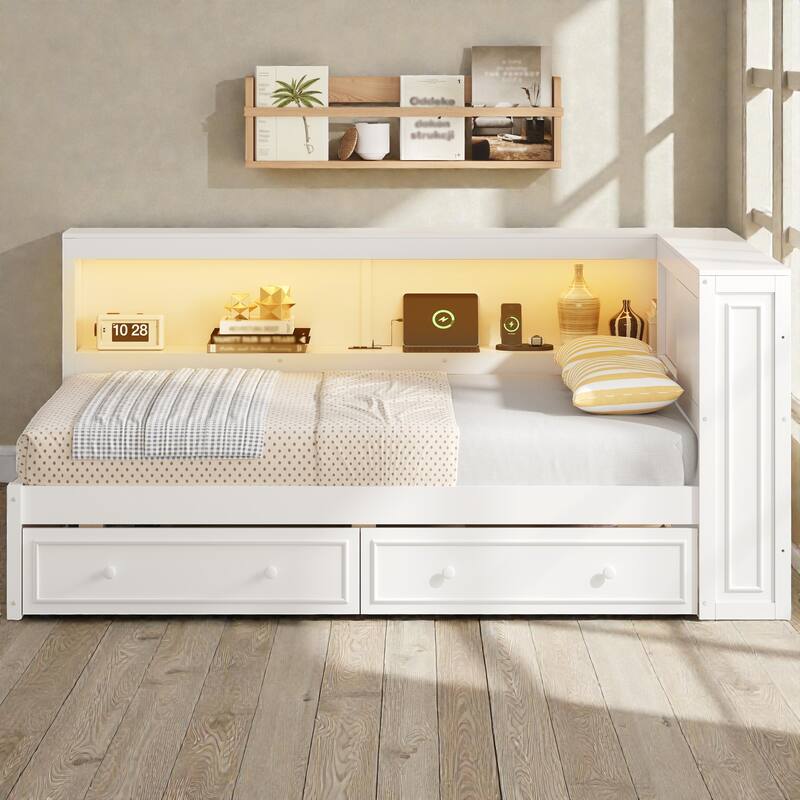 Full Size Wood Daybed with Storage Shelves and 2 Drawers, LED Light, USB Charging Station, Solid Wood Frame