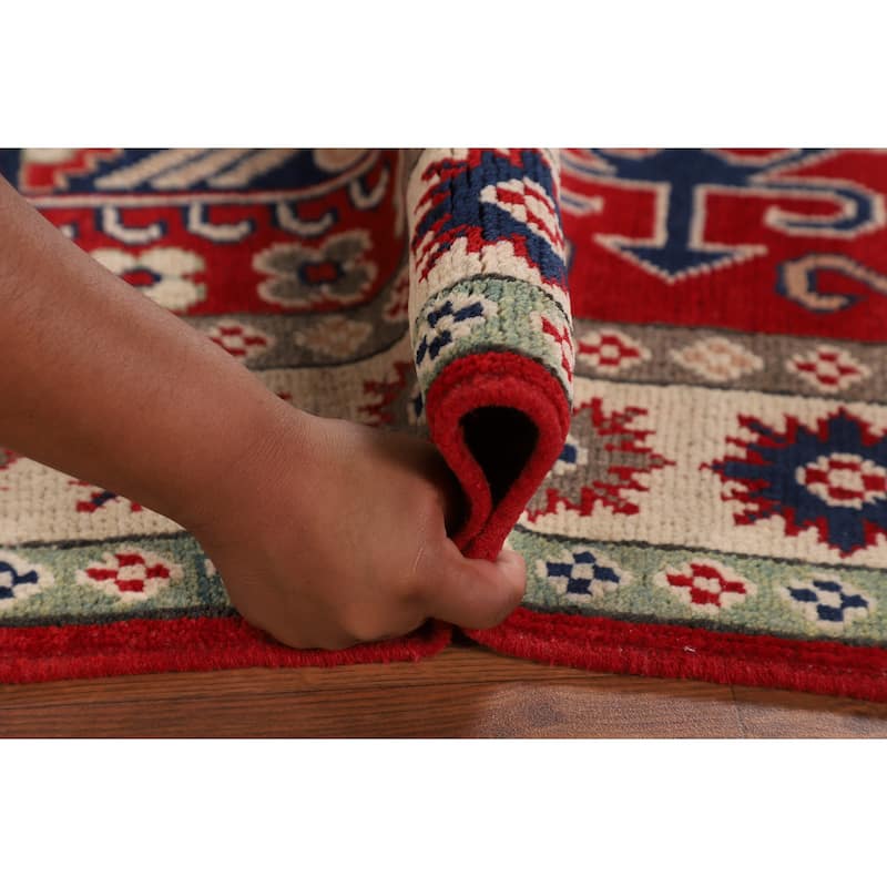 Kazak Oriental Area Rug Handmade Red Geometric Wool Carpet - 4'2" x 6'1"