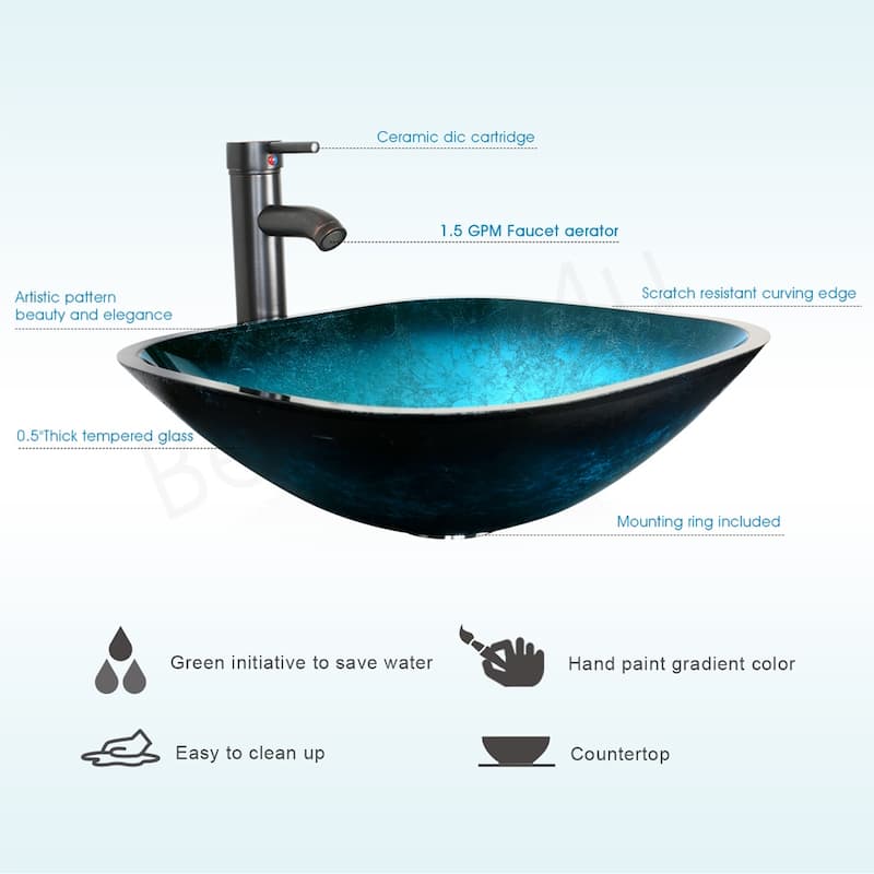 Eclife 16.5" Bathroom Vessel Sink Tempered Glass Square with ORB Faucet Pop up Drain 1.5 GPM