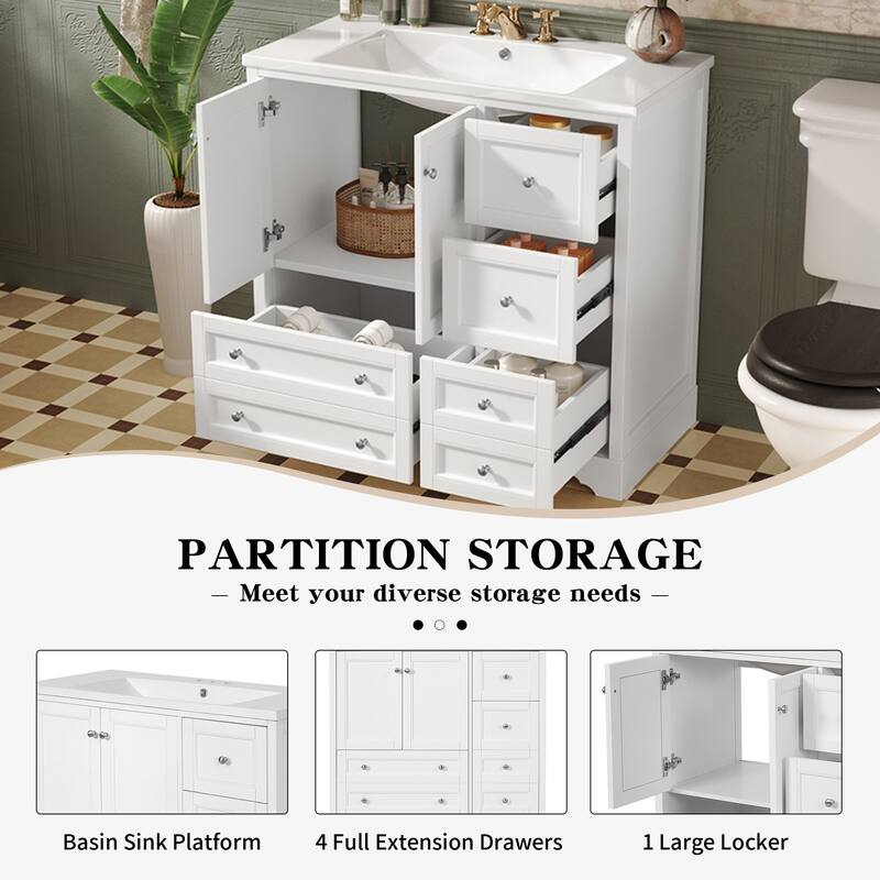 36 " Bathroom Vanity with Sink with 4 Drawers and Shelves
