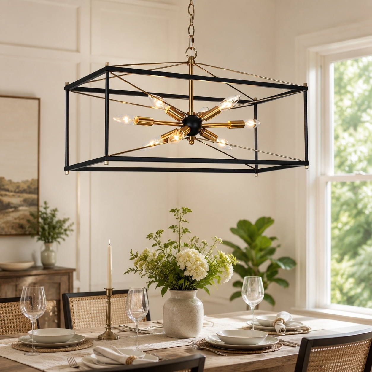 Leno Modern Farmhouse 8-Light Black Gold Rectangle Chandelier Starburst Island Lights for Dining Room - 26" L x 10" W x 14" H