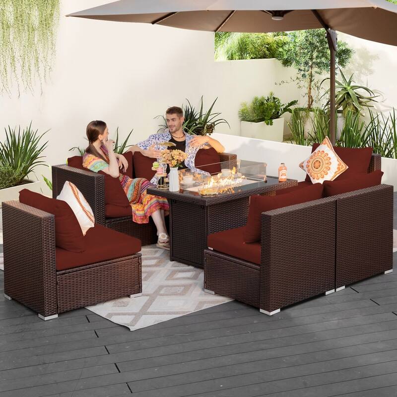 FINCATI Outdoor Wicker Patio Furniture Conversation Sectional Sofa Set - 7 PCS-A - Burgundy