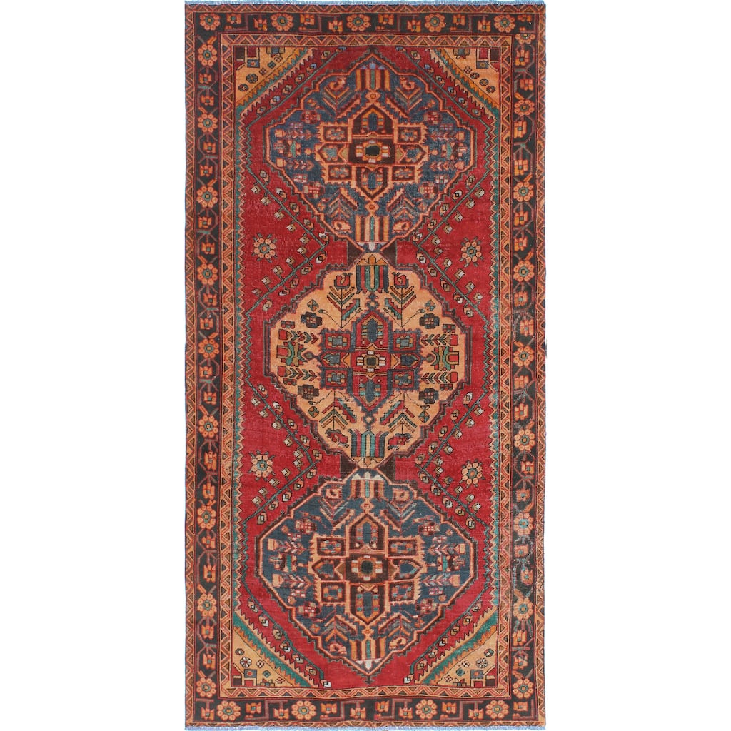 Fine Vintage Distressed Naqueeb Red/Charcoal Runner - 4'10" x 9'10"