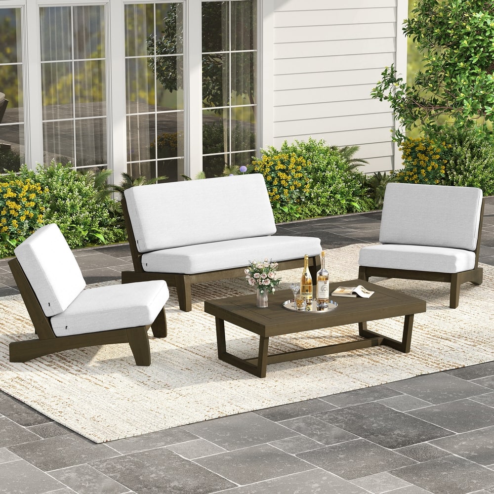 4 Piece Outdoor Wood Loveseat Chair Conversation Set with Cushion