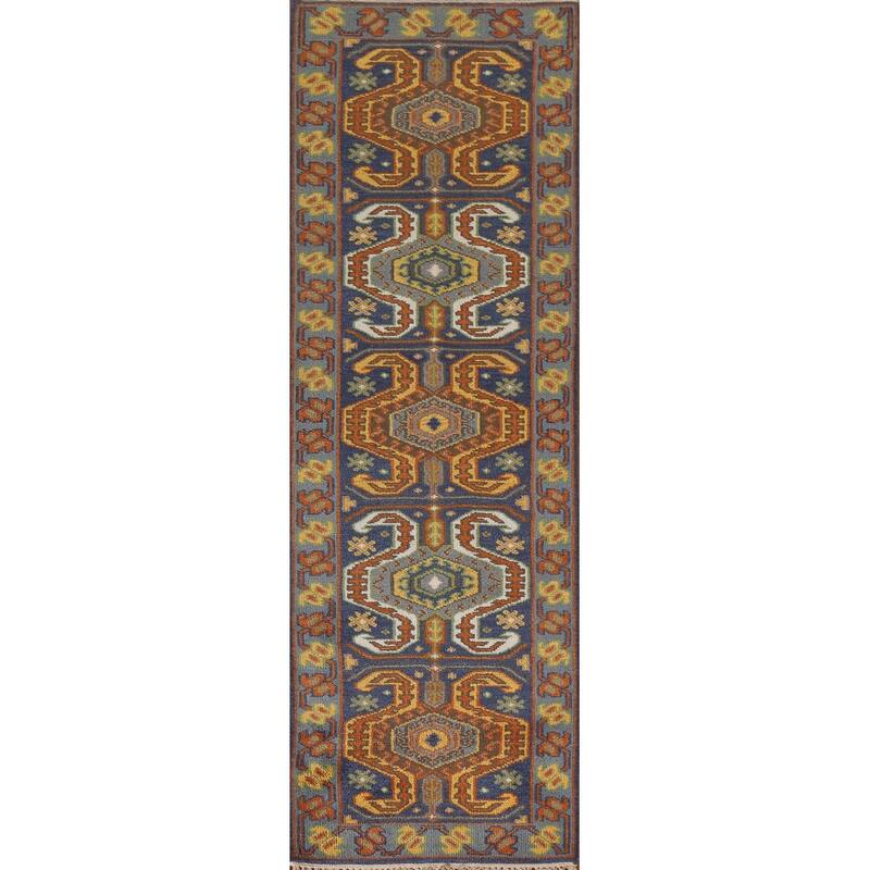 Blue Geometric Kazak Indian Runner Rug Handmade Wool Carpet - 2'7"x 9'9"