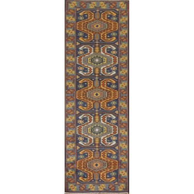 Blue Geometric Kazak Indian Runner Rug Handmade Wool Carpet - 2'7"x 9'9"