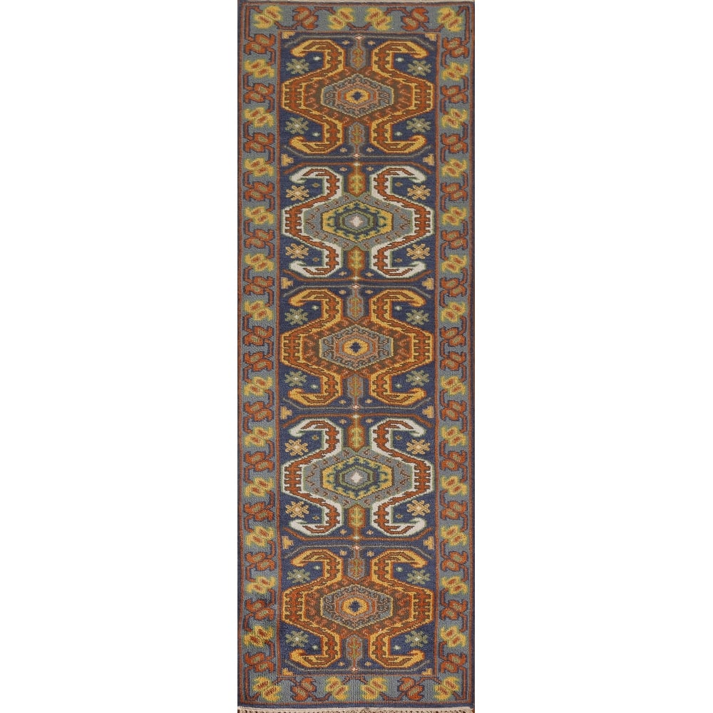 Blue Geometric Kazak Indian Runner Rug Handmade Wool Carpet - 2'7"x 9'9"