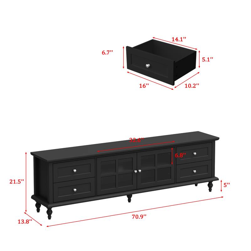 Modern White TV Stand w/Glass Doors and Drawers Entertainment Console - 70.9"