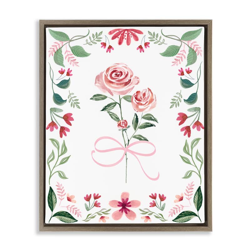 Stupell Delicate Roses Floral Border Framed Floater Canvas Wall Art Design By Kristen Brockmon - 17 x 21 - Brown