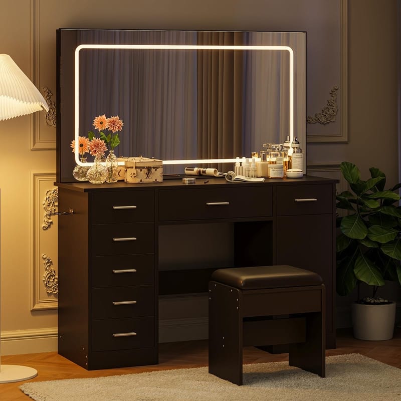 Makeup Vanity Table with Mirror, 7 Drawers, Charging Station, Holder, Stool