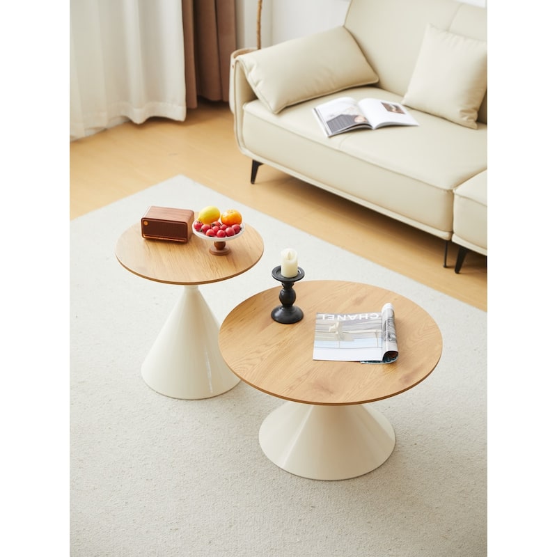 Modern Round Double Cone Design Coffee Table, Set of 2 - Brown
