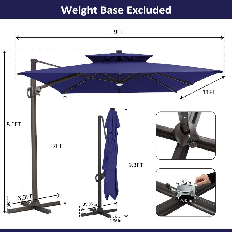 9 X 11 FT Outdoor Patio Cantilever Umbrella with Solar Lights Double Canopy 360 Rotation Tilt