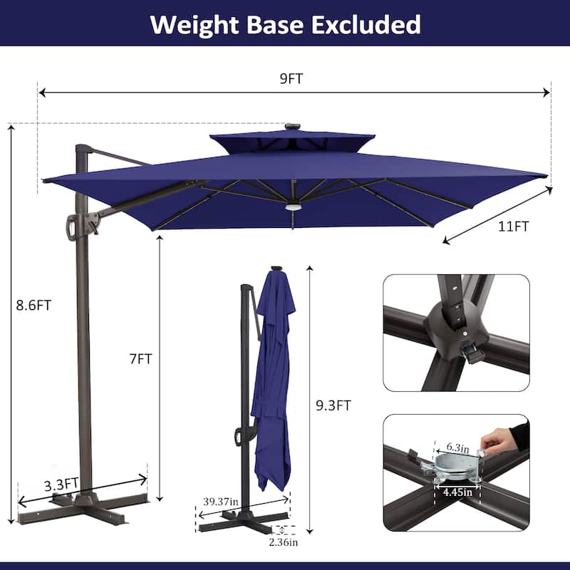 Pellebant 9x11FT Outdoor Dual Top Cantilever Patio Umbrella LED Light