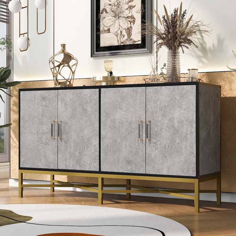 Four-Door Sideboard with Metal and Cross-Leg Design,Suitable for Living Rooms,Entrance and Study - Grey